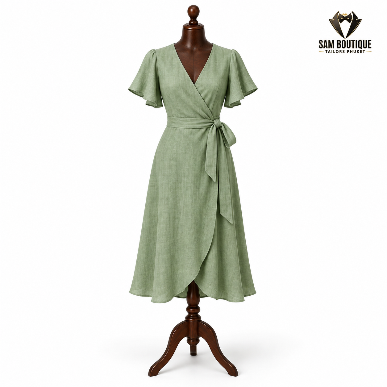 Sage Wrap Midi Linen Dress — made to measure by Sam Boutique Tailors Phuket