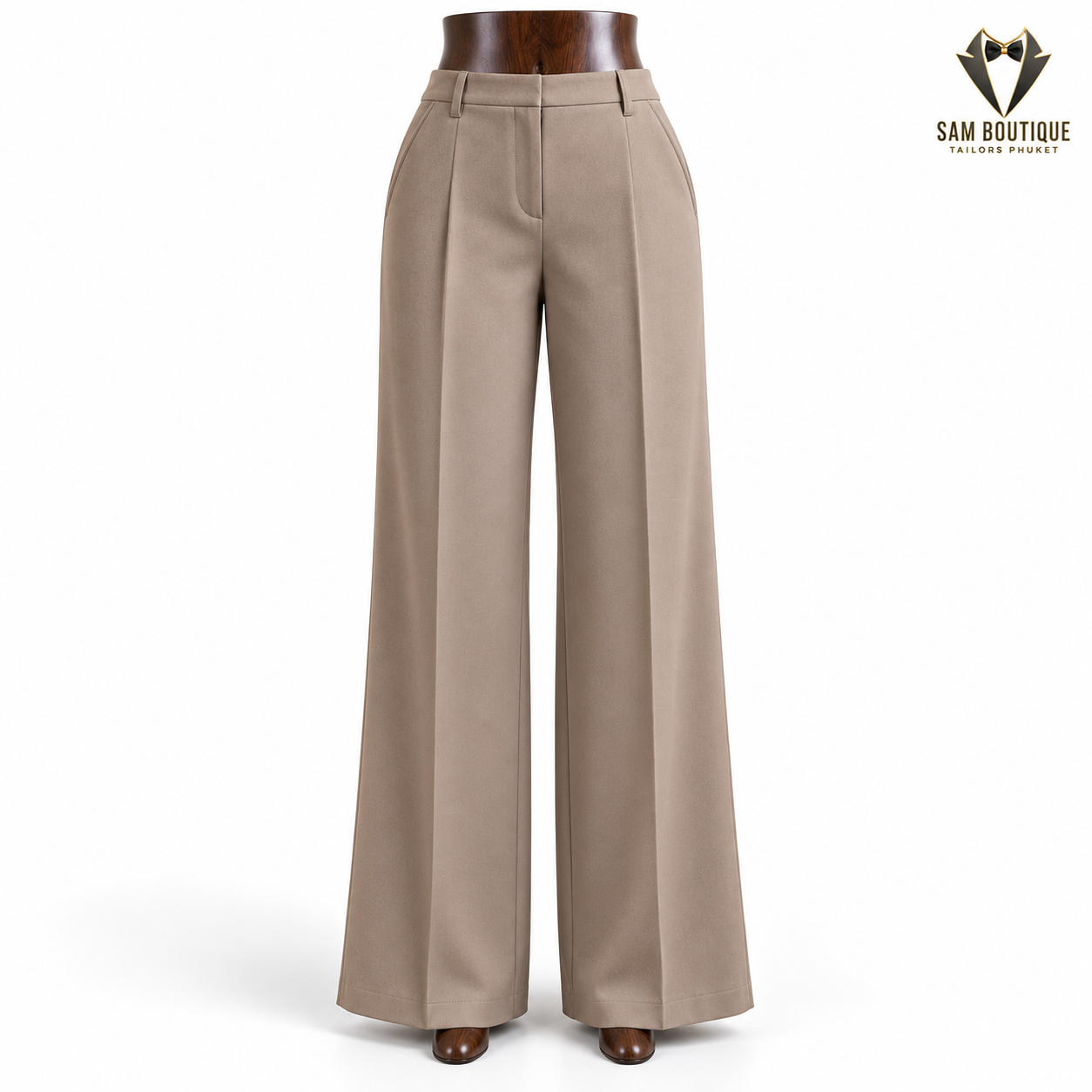 Taupe Wide-Leg Tailored Trousers — made to measure by Sam Boutique Tailors Phuket