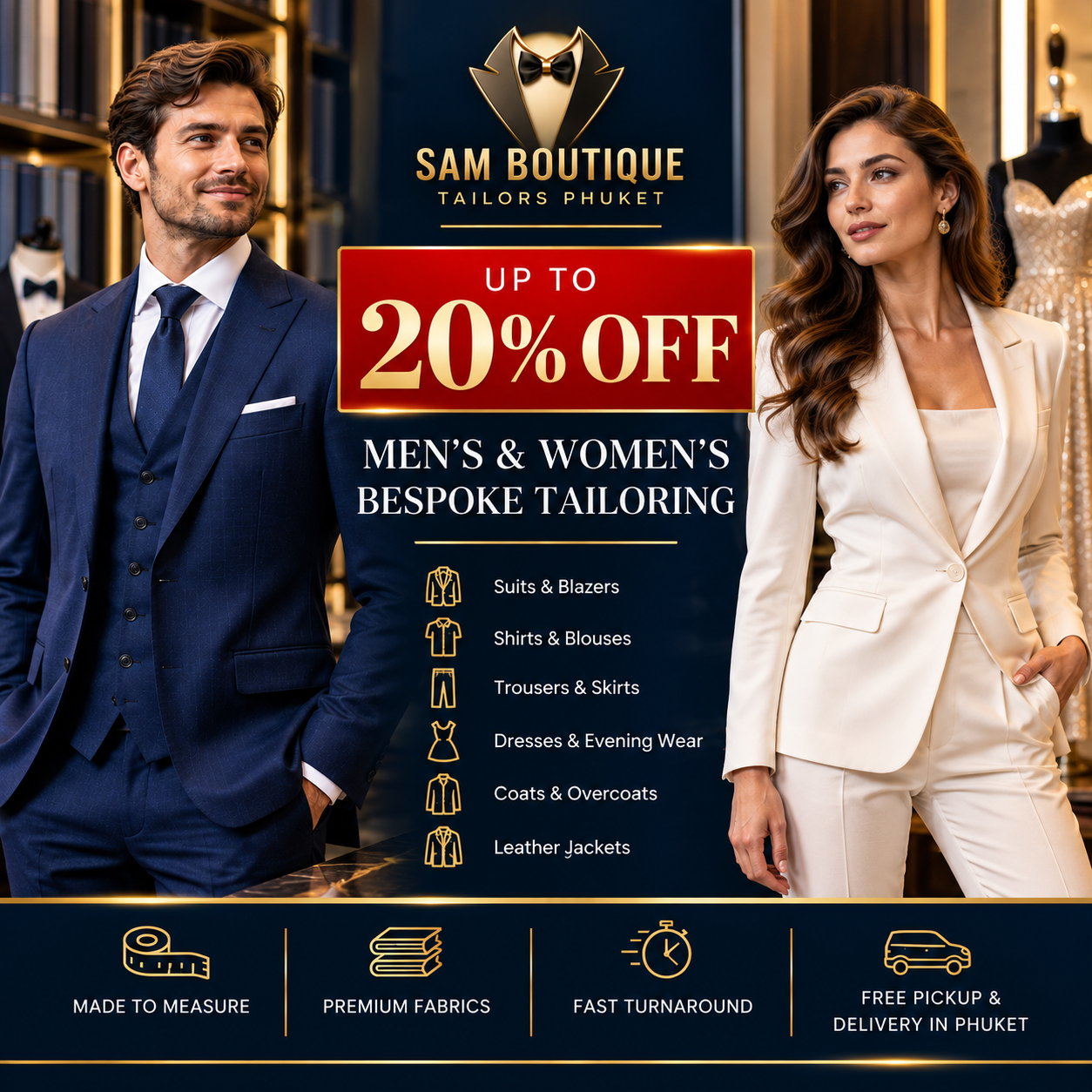 Up to 20% off men's and women's bespoke tailoring at Sam Boutique Tailors Phuket
