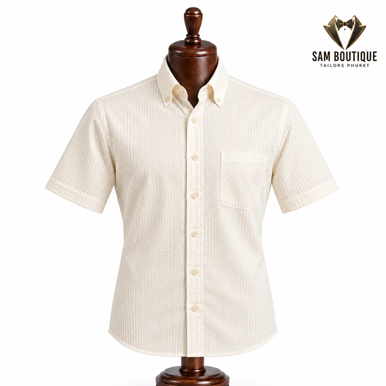 Cream Seersucker Short-Sleeve Shirt — made to measure by Sam Boutique Tailors Phuket