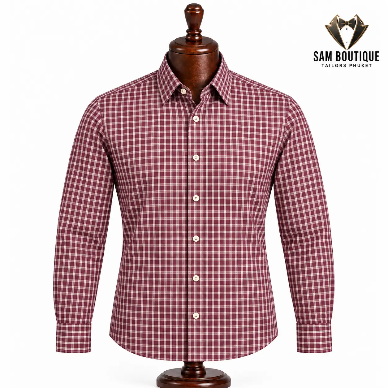 Burgundy Tattersall Check Shirt — made to measure by Sam Boutique Tailors Phuket