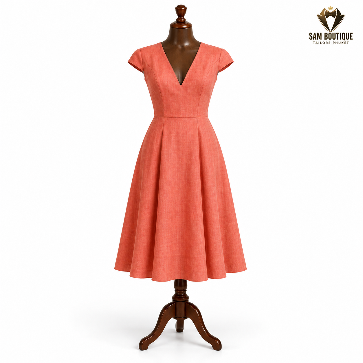 Coral V-Neck Fit-and-Flare Linen Dress — made to measure by Sam Boutique Tailors Phuket