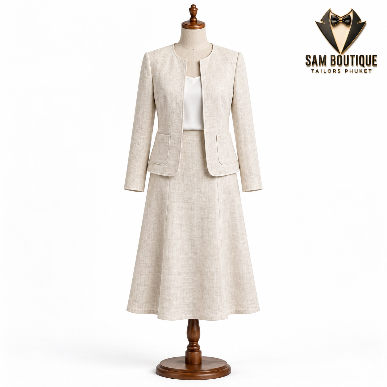 Ivory Collarless Skirt Linen Suit — made to measure by Sam Boutique Tailors Phuket