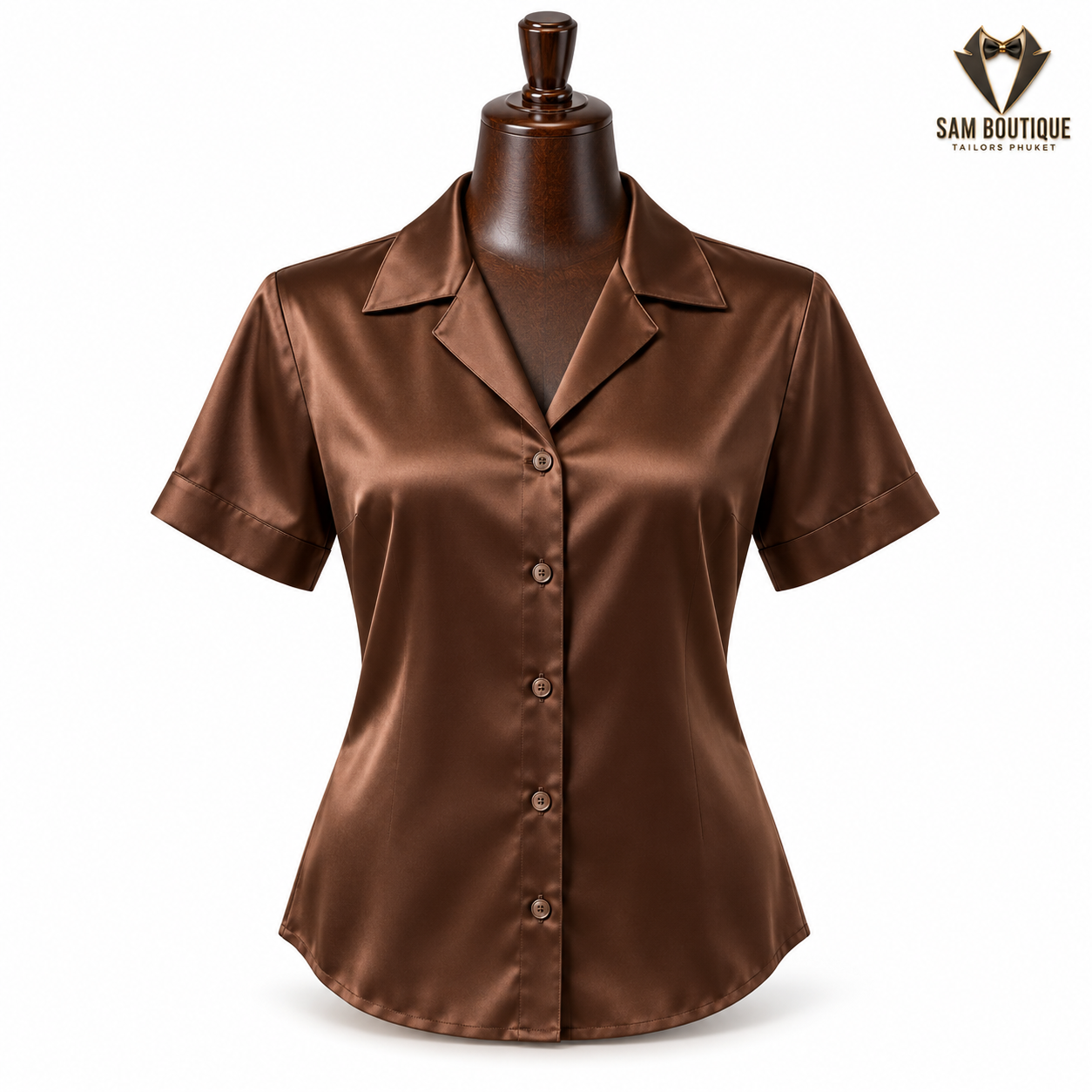 Chocolate Short-Sleeve Silk Blouse — made to measure by Sam Boutique Tailors Phuket