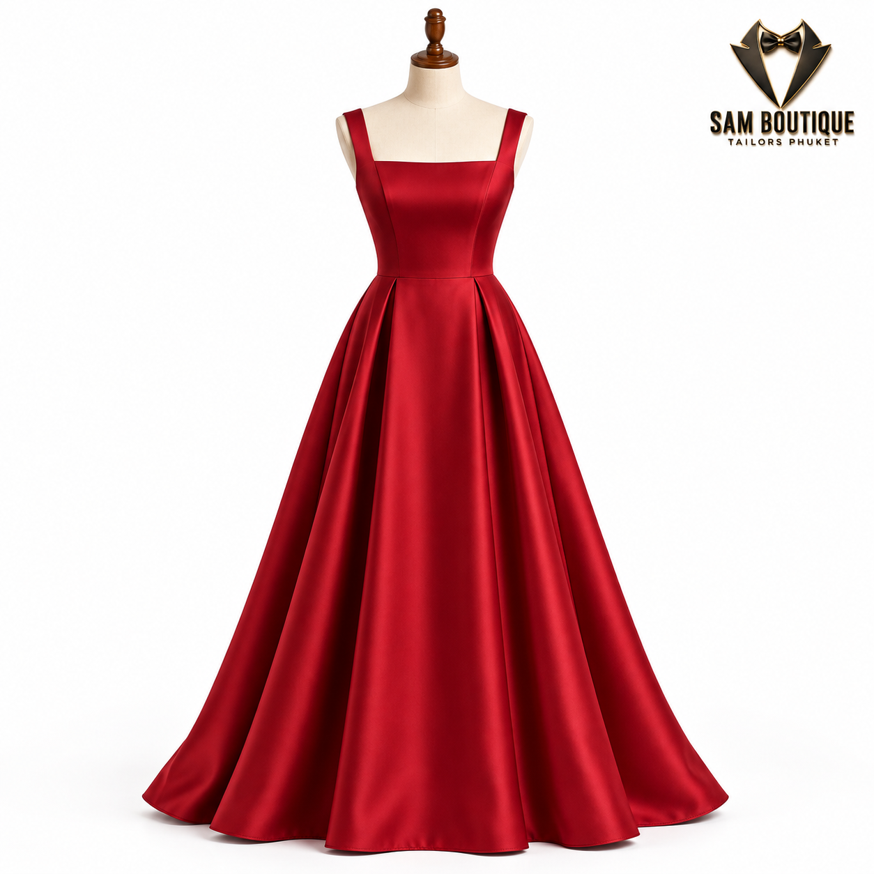 Ruby Square-Neck Satin Ball Gown — made to measure by Sam Boutique Tailors Phuket