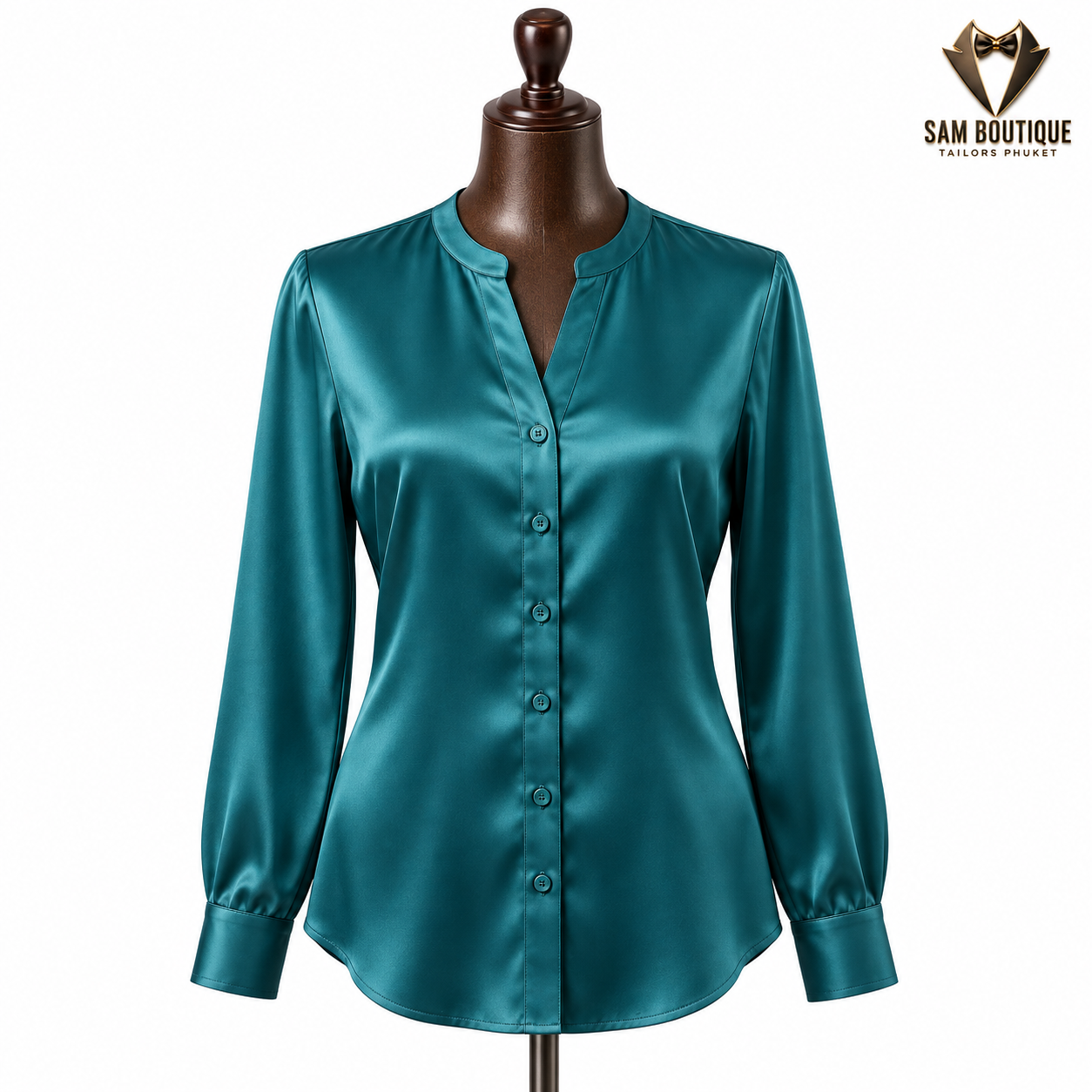 Teal Band-Collar Silk Blouse — made to measure by Sam Boutique Tailors Phuket