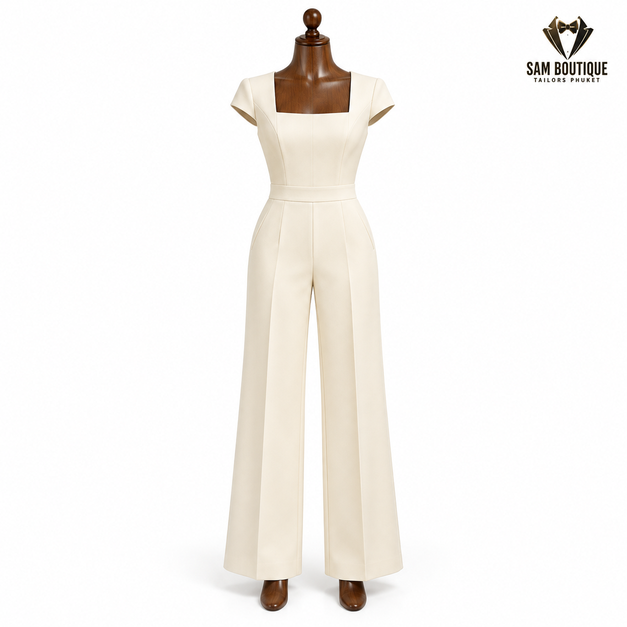 Ivory Square-Neck Wide-Leg Jumpsuit — made to measure by Sam Boutique Tailors Phuket