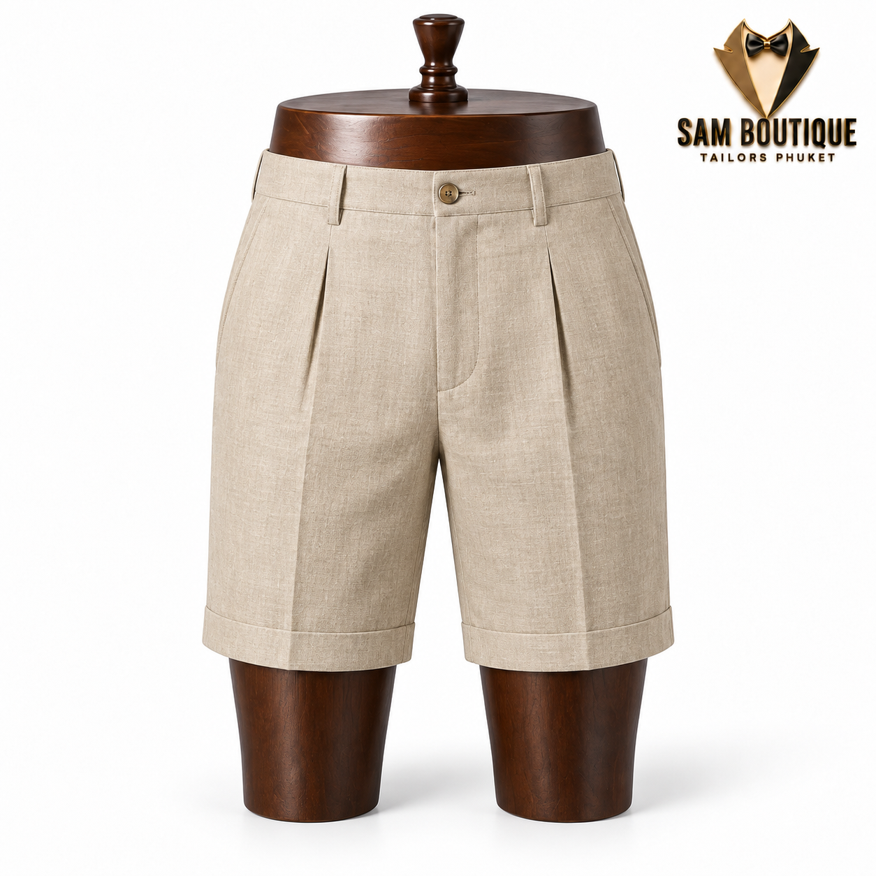 Natural Pleated Linen Shorts — made to measure by Sam Boutique Tailors Phuket