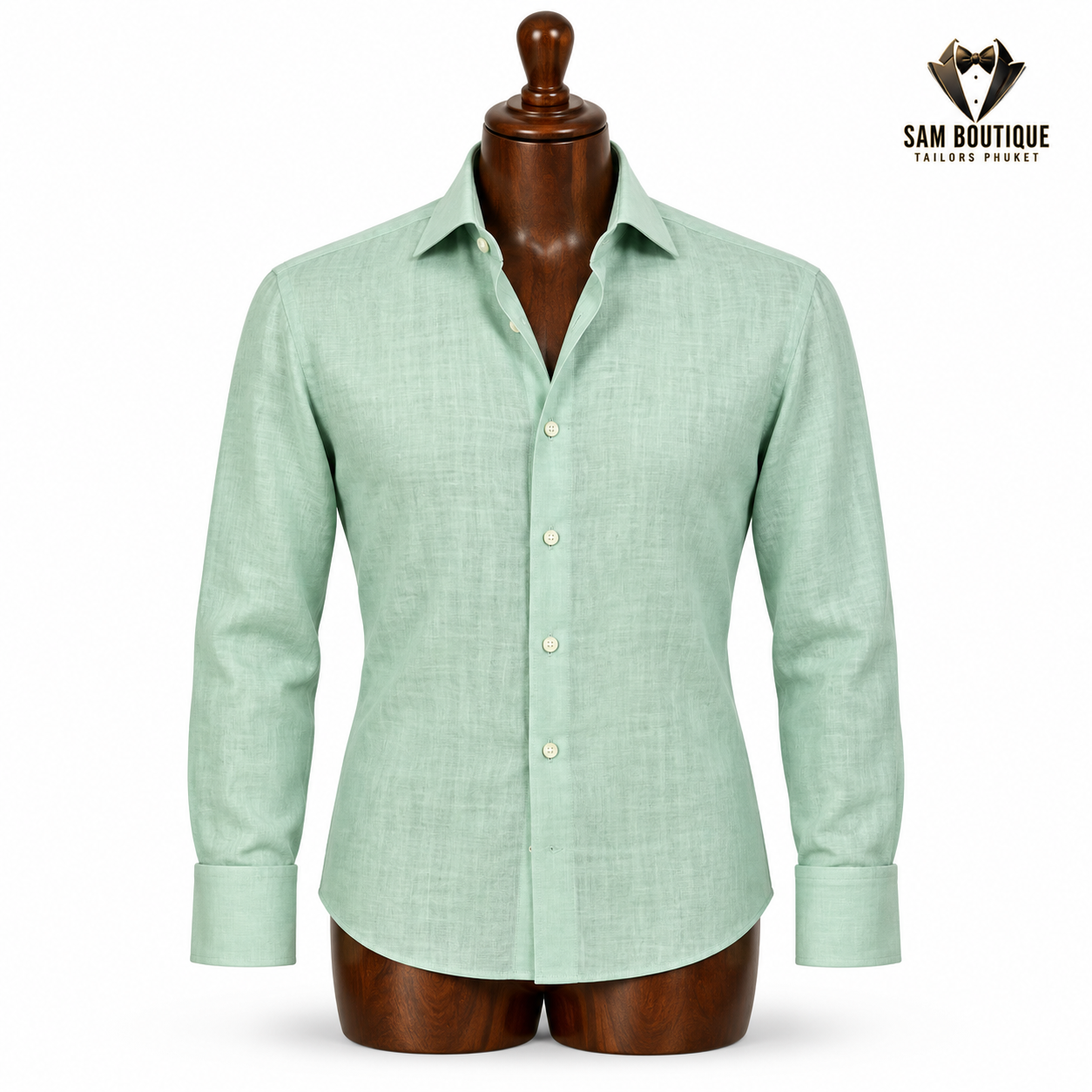 Mint Green Linen Resort Shirt — made to measure by Sam Boutique Tailors Phuket