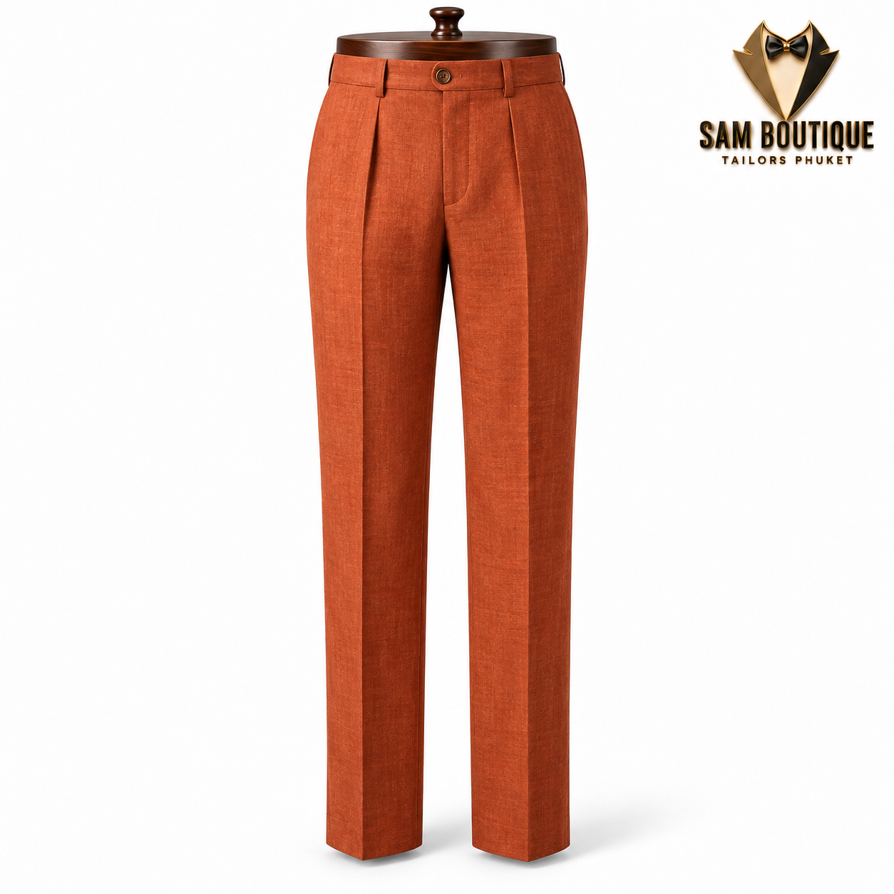 Rust Double-Pleat Linen Trousers — made to measure by Sam Boutique Tailors Phuket
