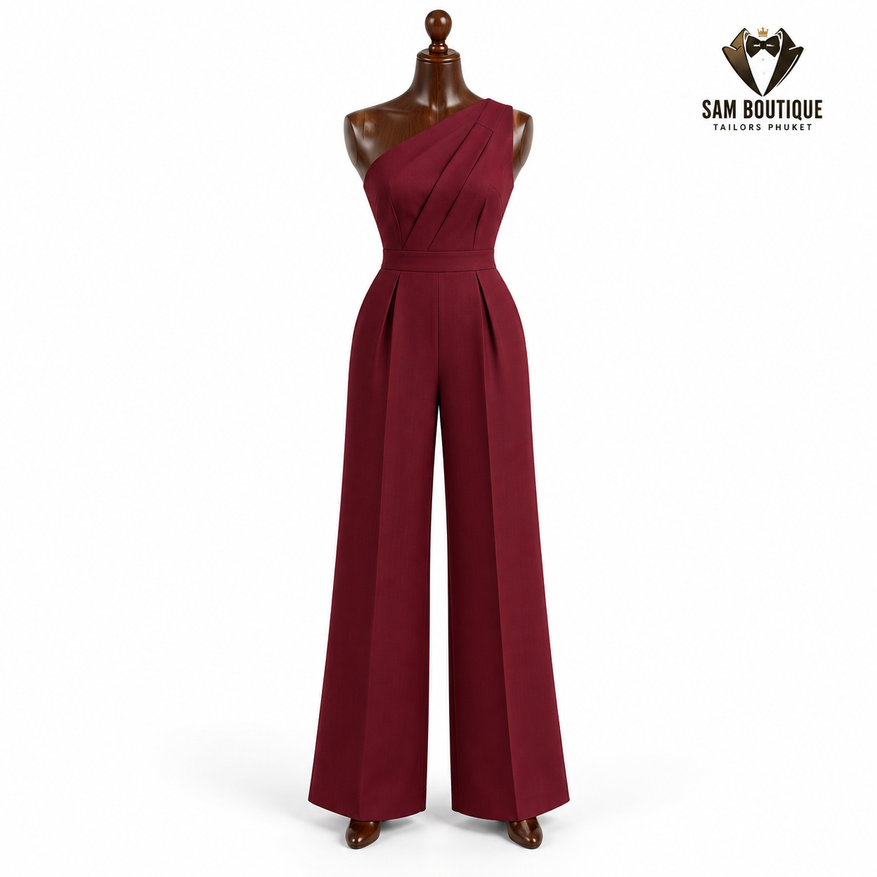 Burgundy One-Shoulder Wide-Leg Jumpsuit — made to measure by Sam Boutique Tailors Phuket
