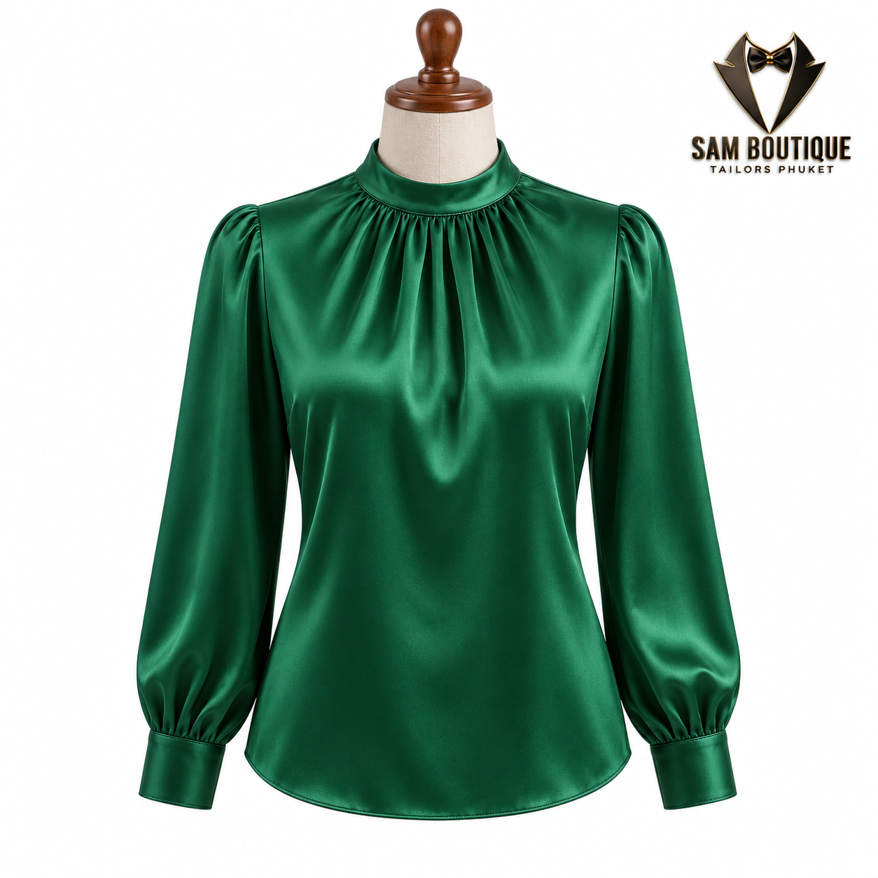 Emerald Satin High-Neck Blouse — made to measure by Sam Boutique Tailors Phuket