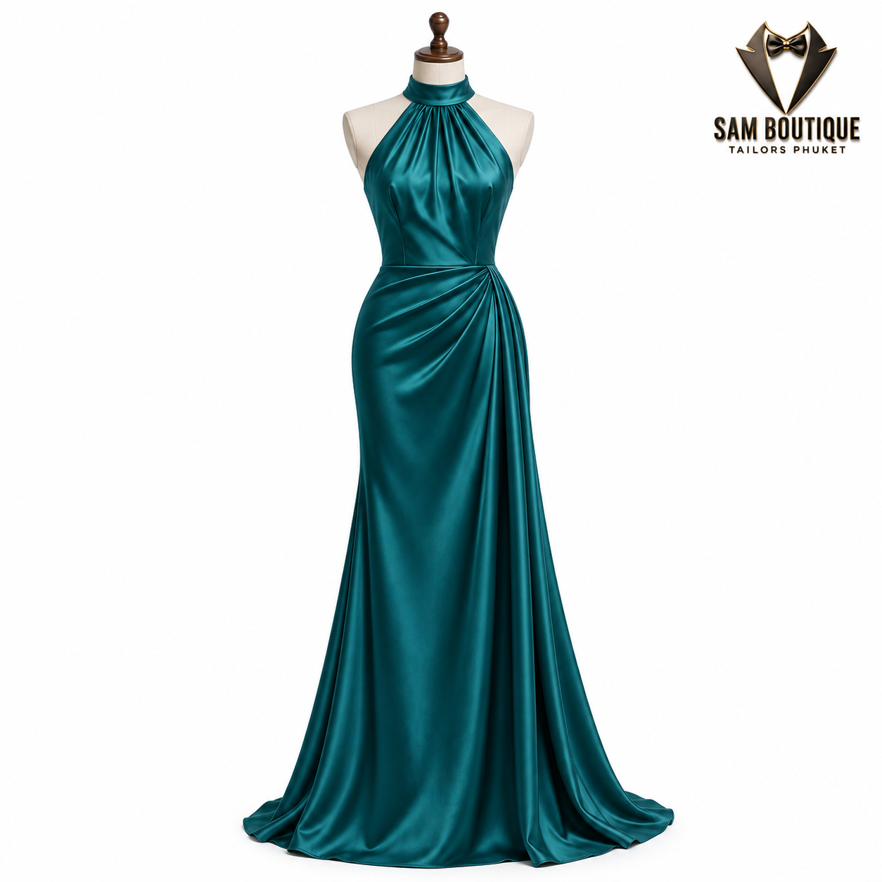 Women's evening dresses sample — Teal Halter-Neck Satin Evening Gown