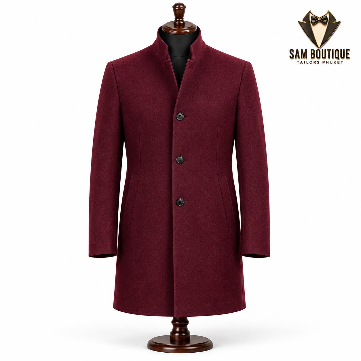 Burgundy Stand-Collar Overcoat — made to measure by Sam Boutique Tailors Phuket