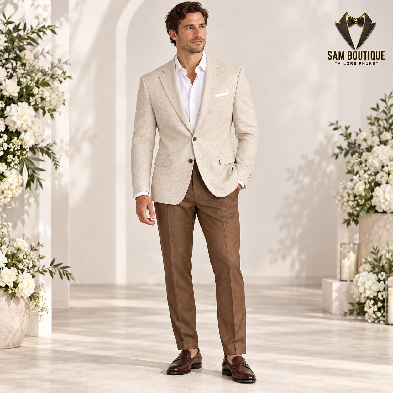 Ivory Blazer Wedding Look made to measure by Sam Boutique Tailors Phuket