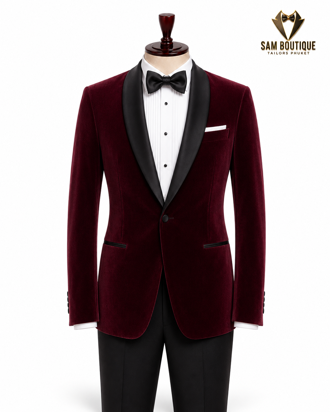 Burgundy Velvet Shawl Lapel Tuxedo — made to measure by Sam Boutique Tailors Phuket