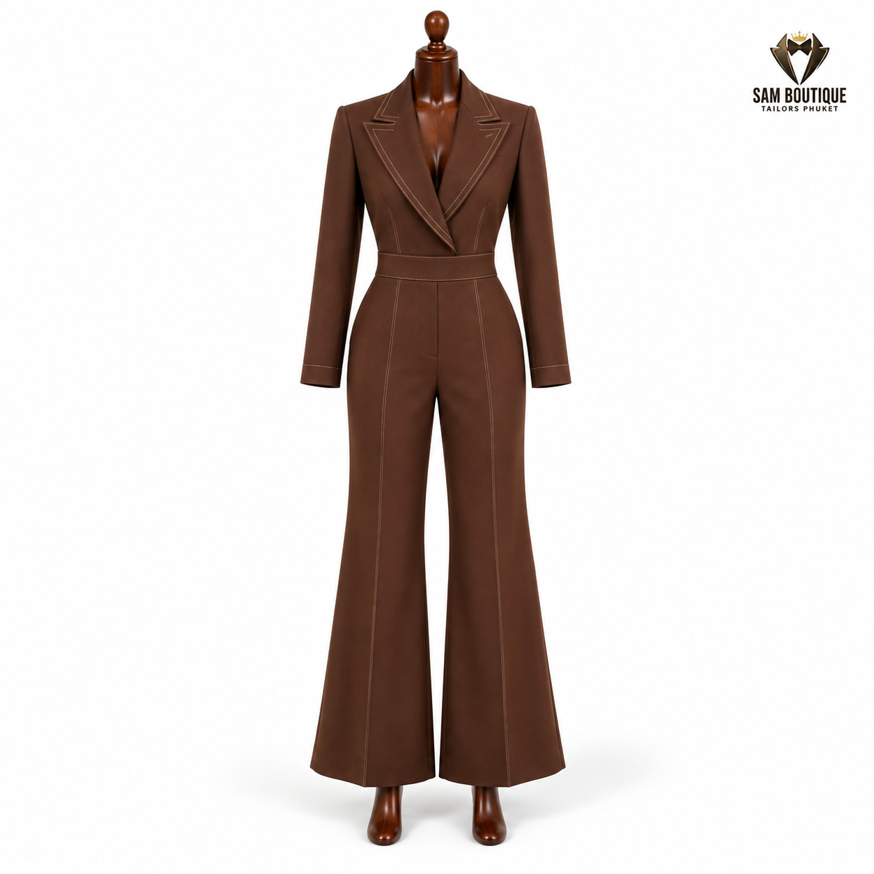 Chocolate Brown Tailored Flare Jumpsuit — made to measure by Sam Boutique Tailors Phuket