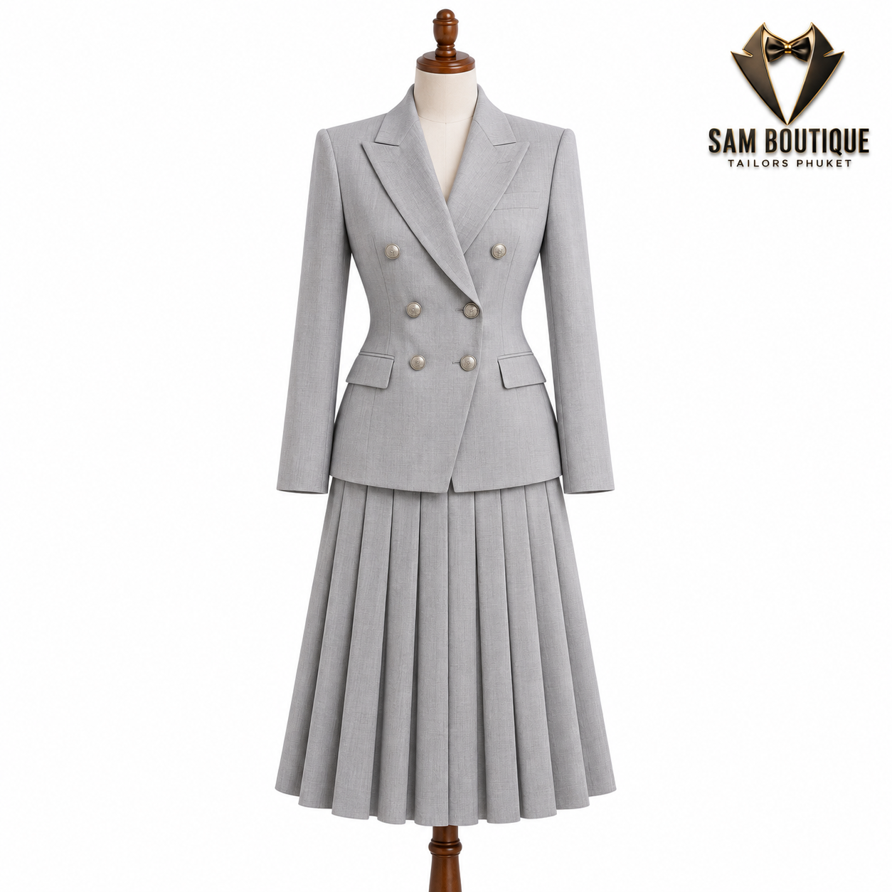 Light Grey Double-Breasted Pleated Skirt Suit — made to measure by Sam Boutique Tailors Phuket