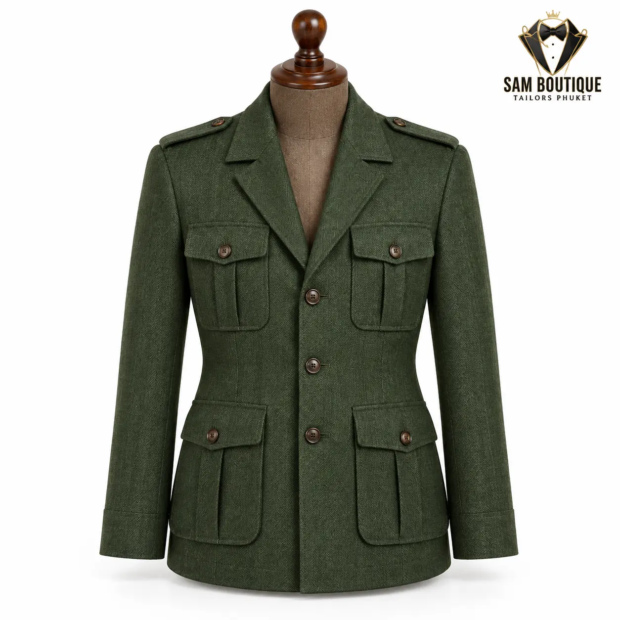 Men's safari jackets sample — Forest Green Herringbone Safari Jacket