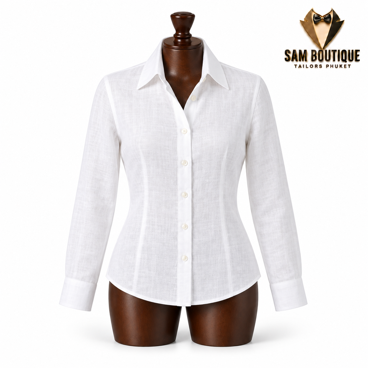 White Classic Linen Shirt — made to measure by Sam Boutique Tailors Phuket