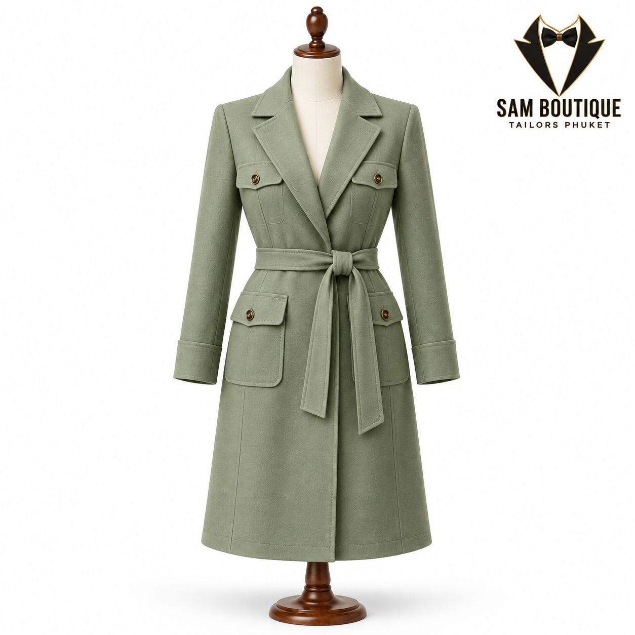 Sage Safari Belted Coat — made to measure by Sam Boutique Tailors Phuket