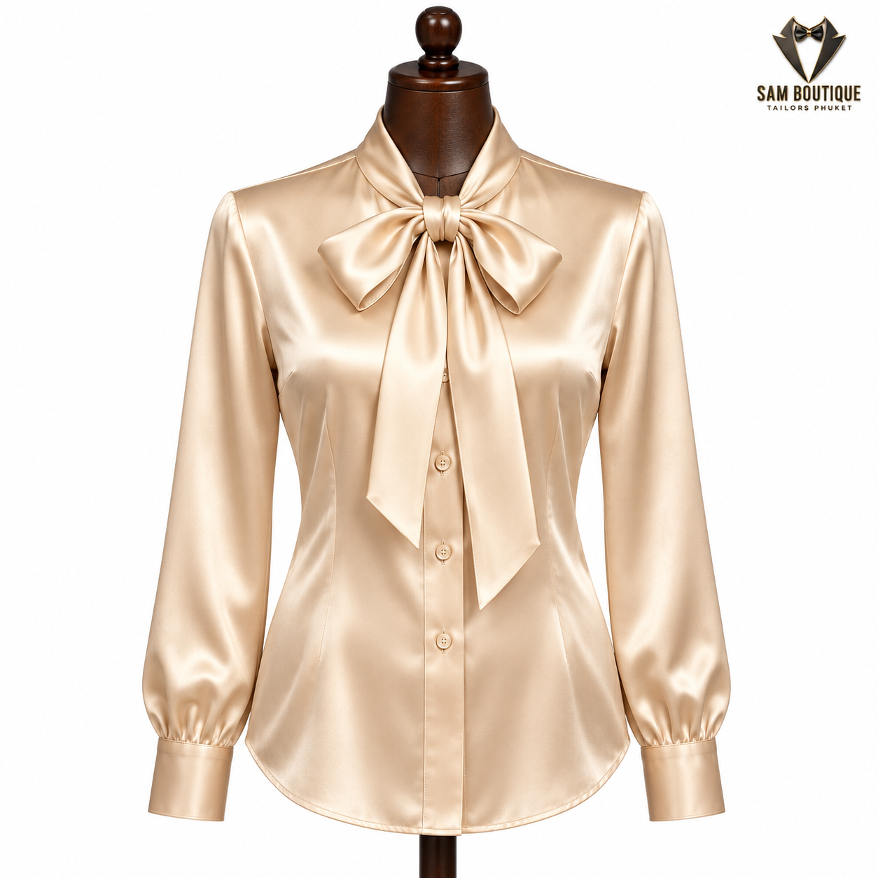 Champagne Bow-Neck Silk Blouse — made to measure by Sam Boutique Tailors Phuket
