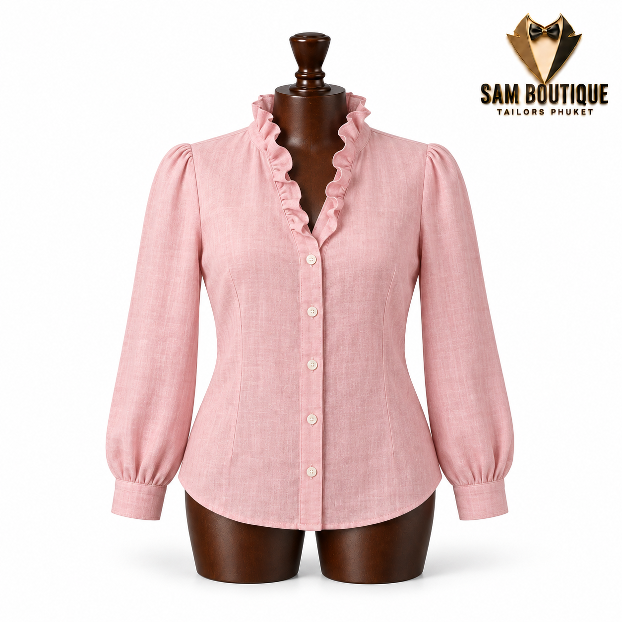 Blush Ruffle-Neck Linen Blouse — made to measure by Sam Boutique Tailors Phuket