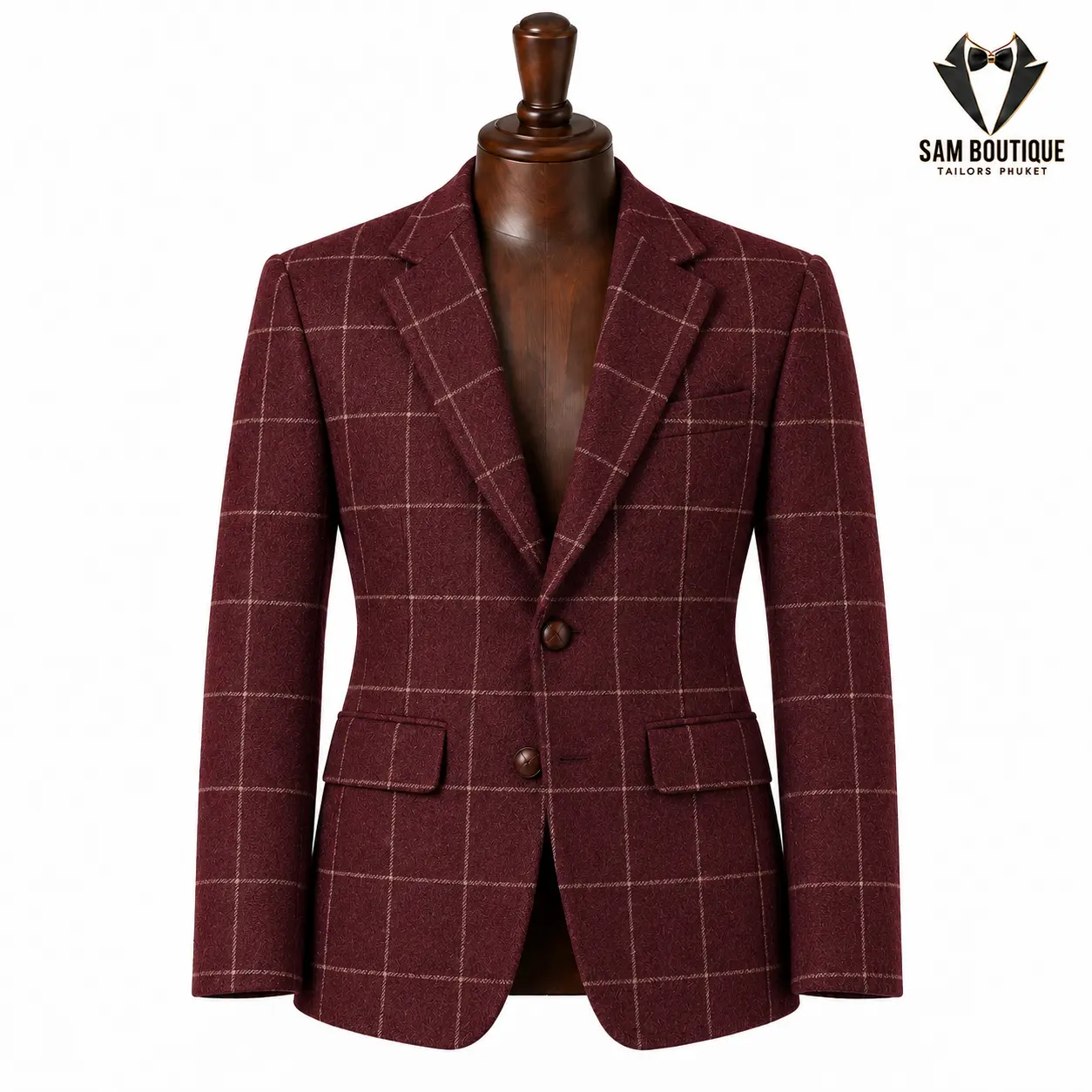 Burgundy Windowpane Tweed Blazer — made to measure by Sam Boutique Tailors Phuket