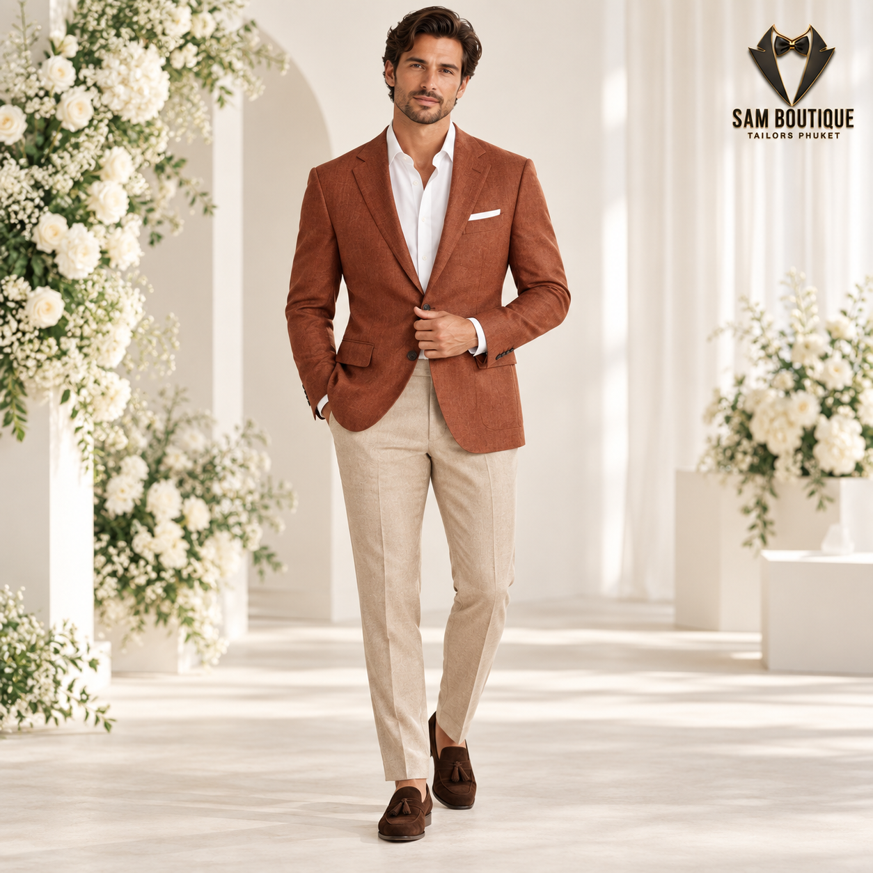 Rust Blazer Wedding Look made to measure by Sam Boutique Tailors Phuket