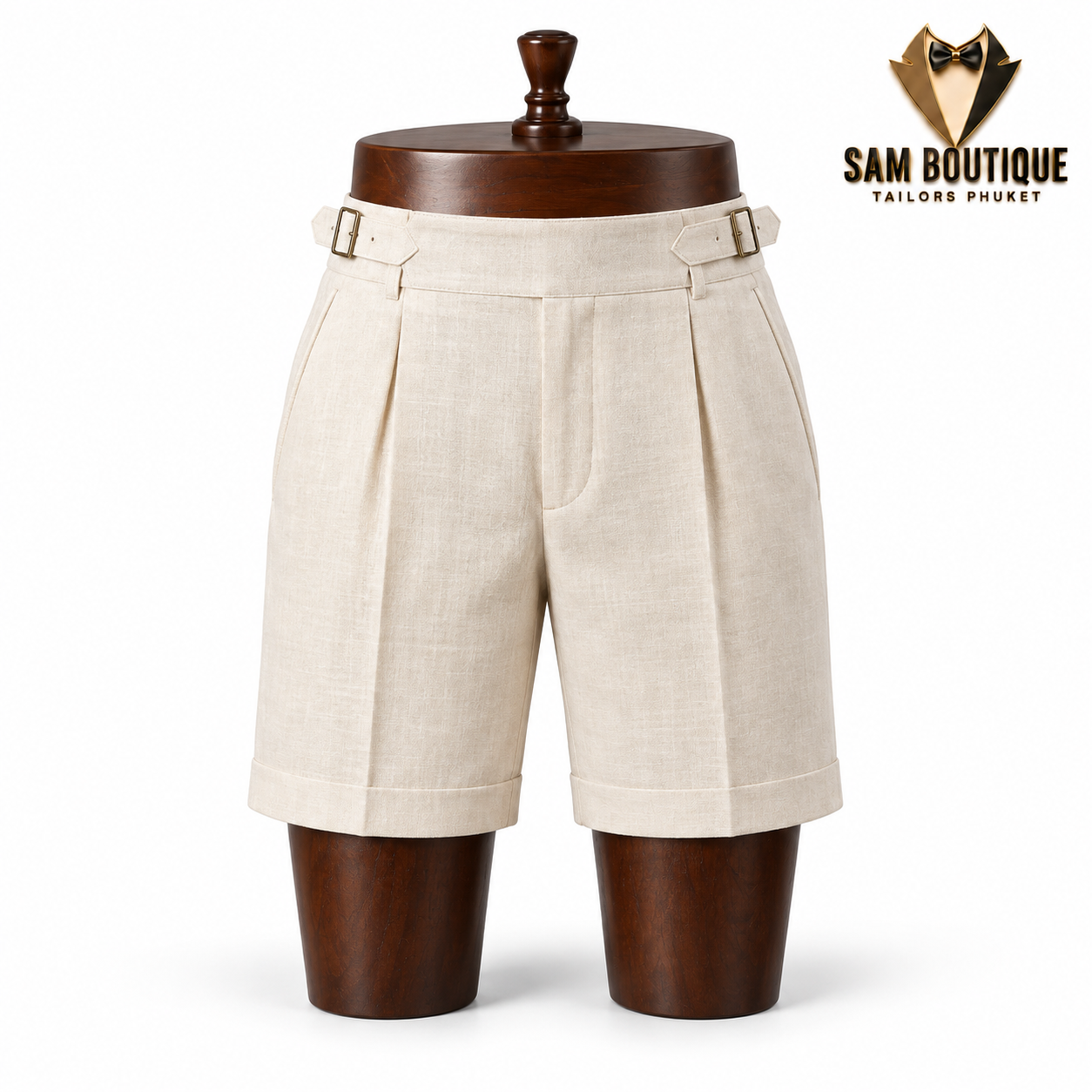 Ivory Side-Adjuster Linen Shorts — made to measure by Sam Boutique Tailors Phuket