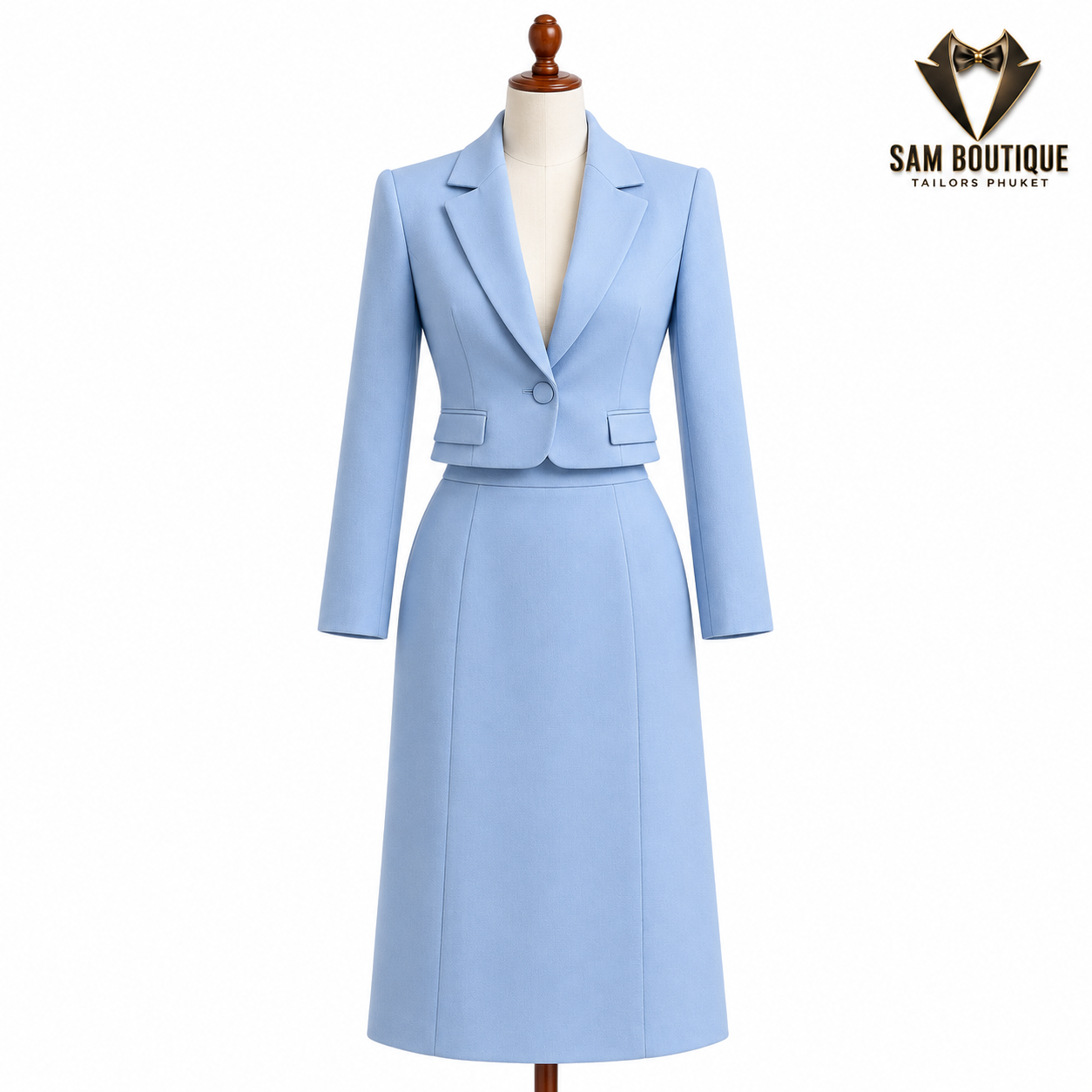 Powder Blue Cropped A-Line Skirt Suit — made to measure by Sam Boutique Tailors Phuket