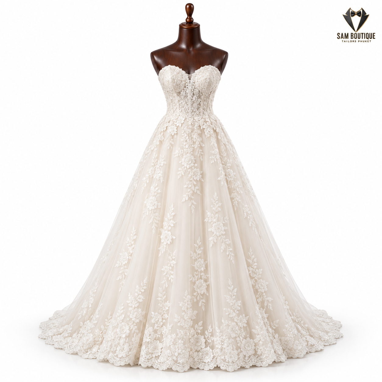 Ivory Strapless Lace Ball Gown — made to measure by Sam Boutique Tailors Phuket