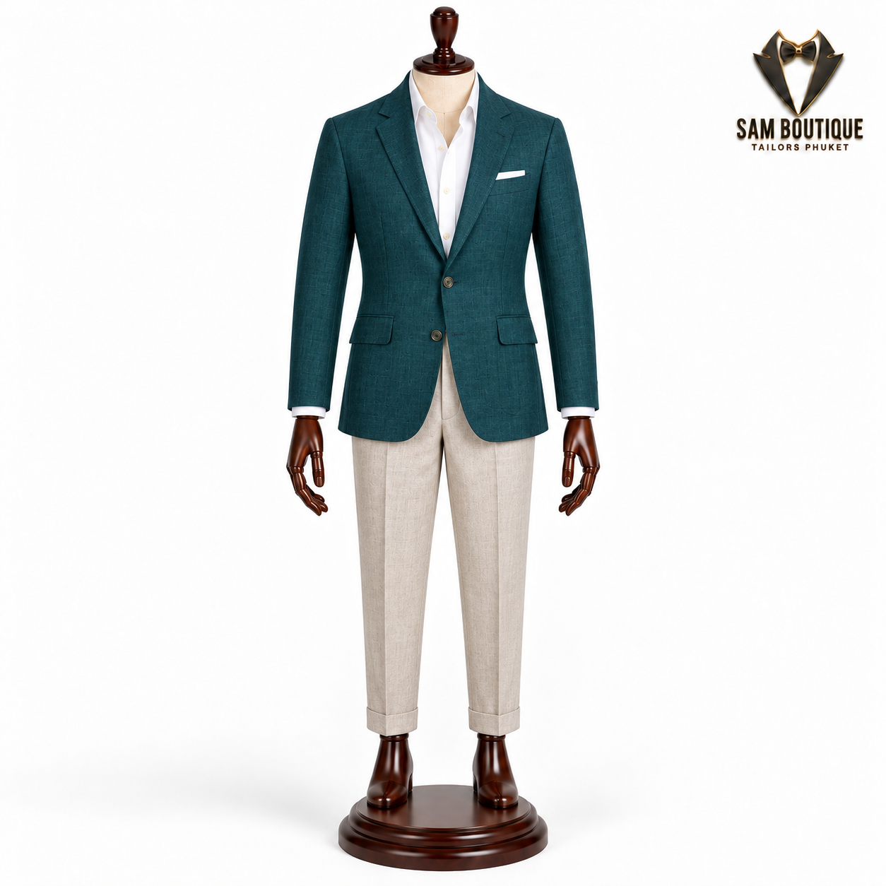 Teal Blazer Outfit made to measure by Sam Boutique Tailors Phuket