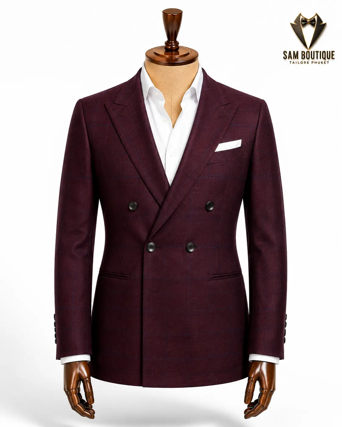 Burgundy Windowpane Double-Breasted Wool Blazer — made to measure by Sam Boutique Tailors Phuket