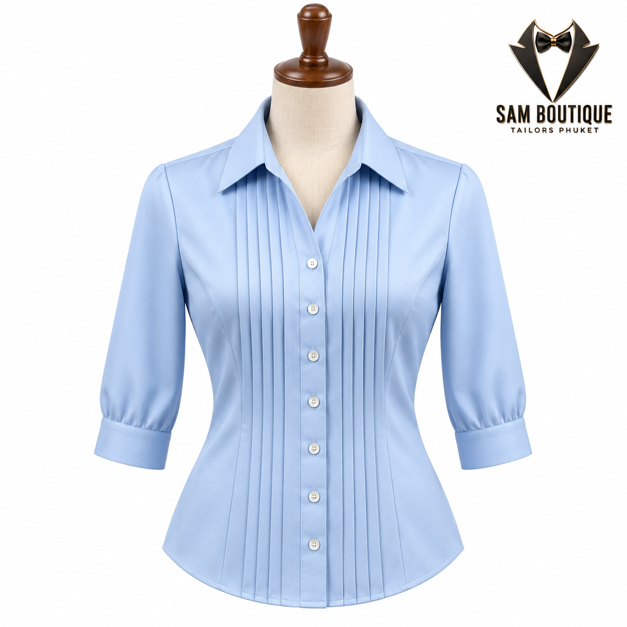 Powder Blue Pintuck Custom Blouse — made to measure by Sam Boutique Tailors Phuket