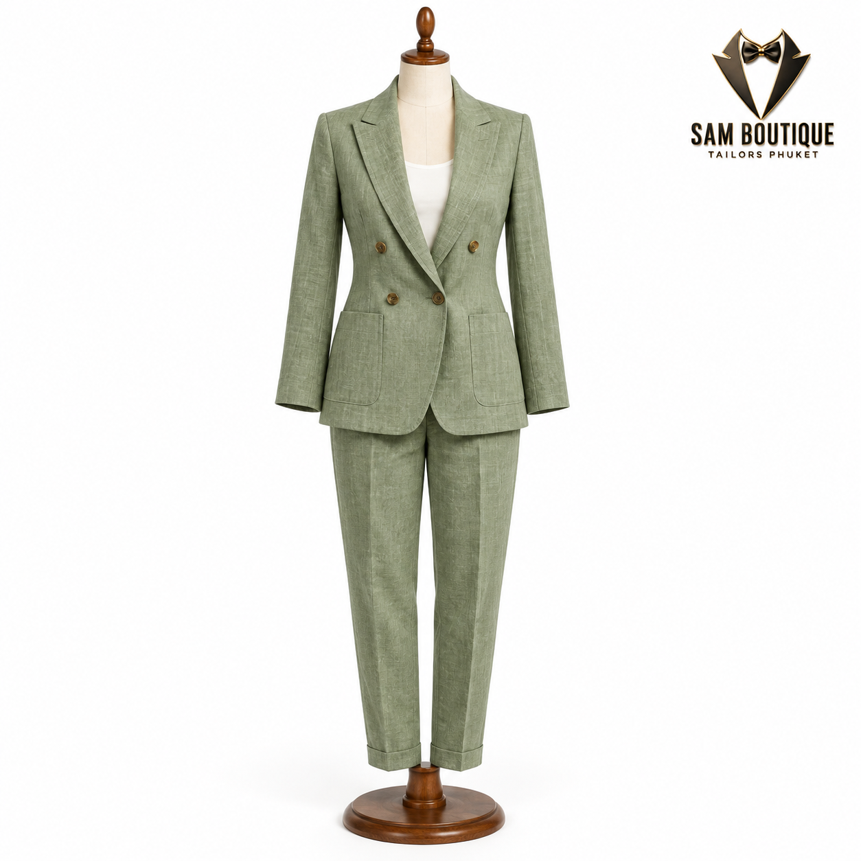 Sage Double-Breasted Linen Suit — made to measure by Sam Boutique Tailors Phuket