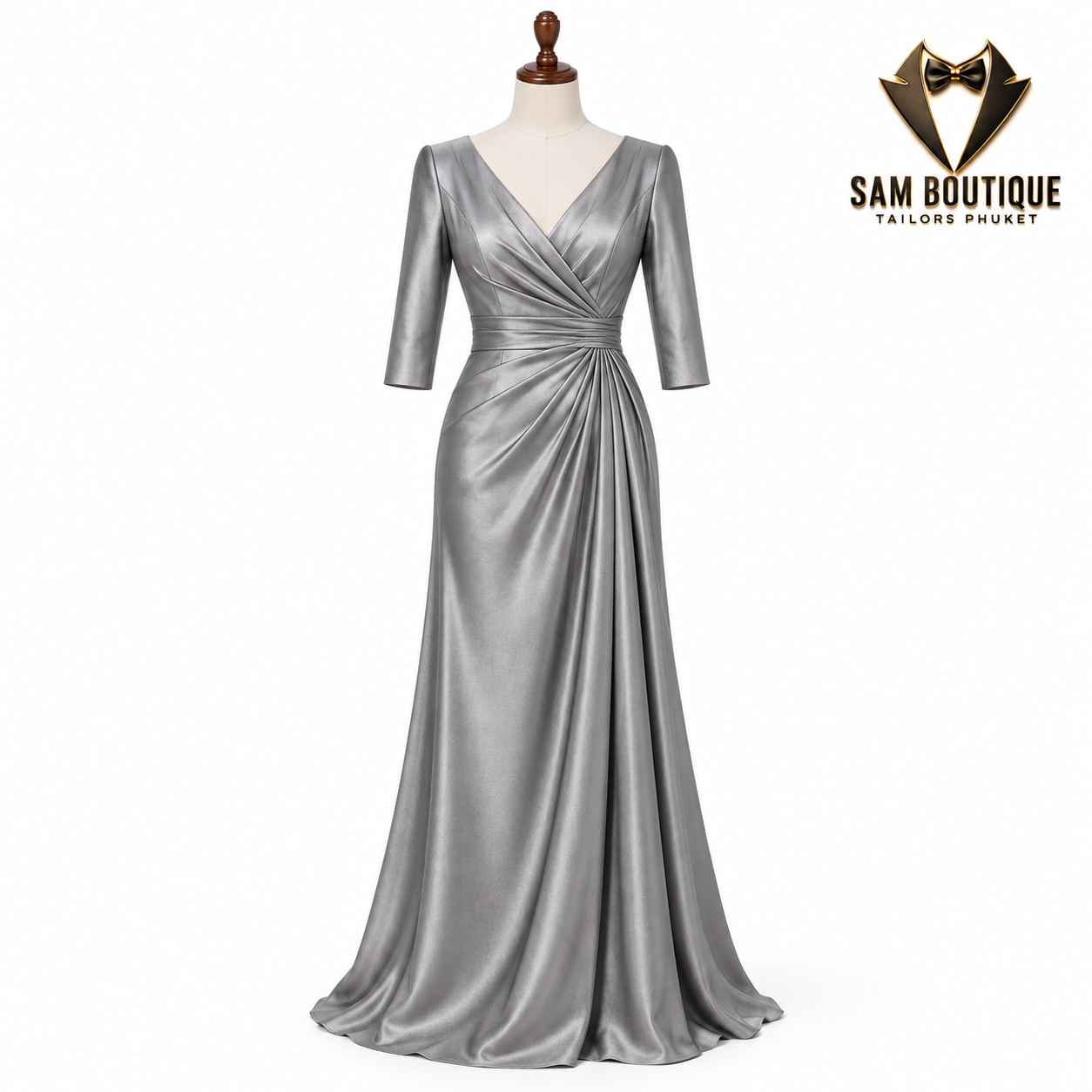 Silver Wrap-Sleeve Evening Gown — made to measure by Sam Boutique Tailors Phuket