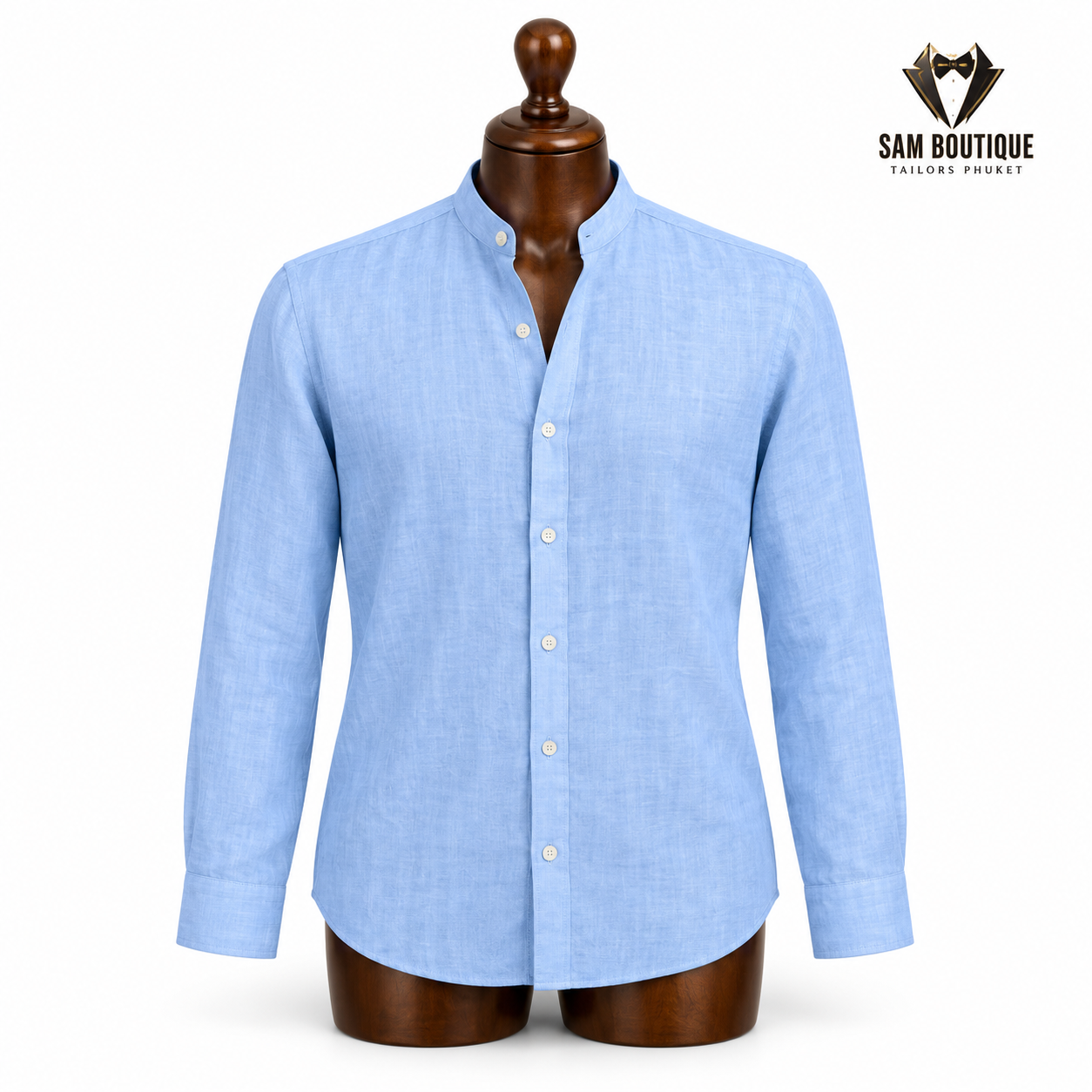 Men's linen resort shirts sample — Sky Blue Mandarin Collar Resort Shirt
