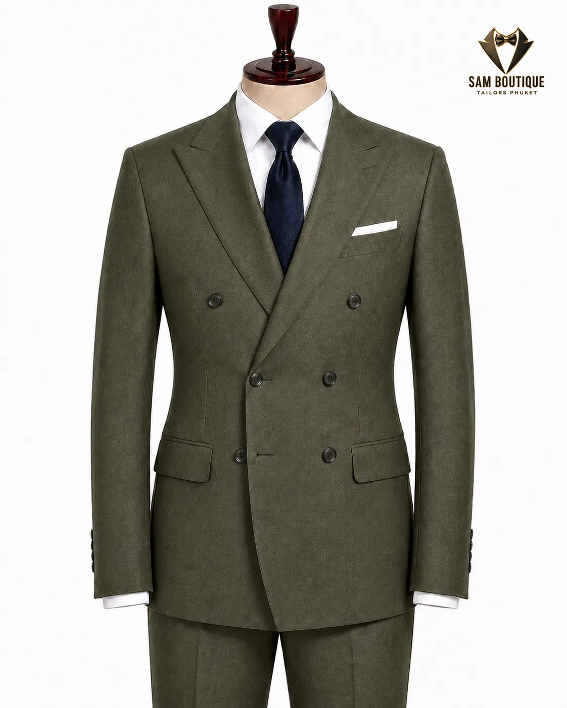 Olive Double-Breasted Suit — made to measure by Sam Boutique Tailors Phuket