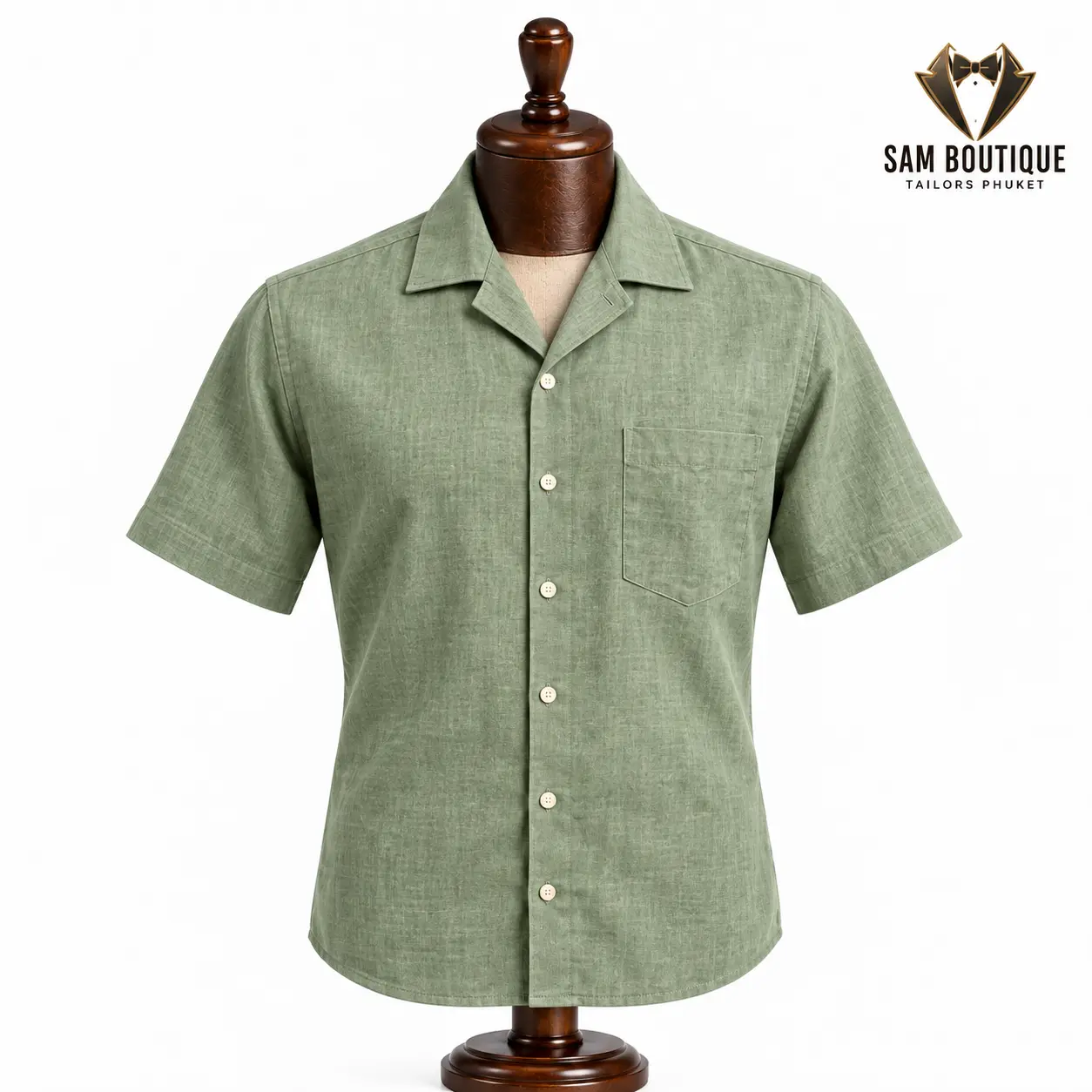 Sage Green Linen Camp Collar Shirt — made to measure by Sam Boutique Tailors Phuket
