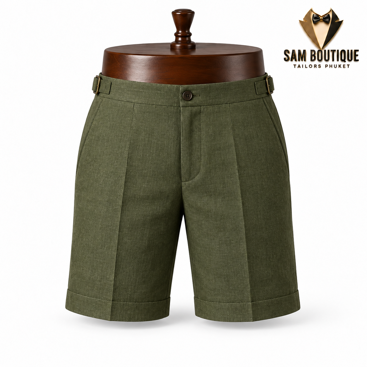 Olive Side-Adjuster Linen Shorts — made to measure by Sam Boutique Tailors Phuket