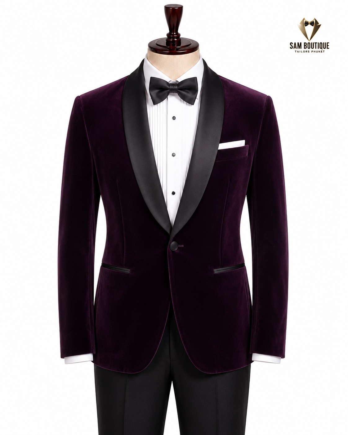 Plum Velvet Shawl Lapel Tuxedo — made to measure by Sam Boutique Tailors Phuket