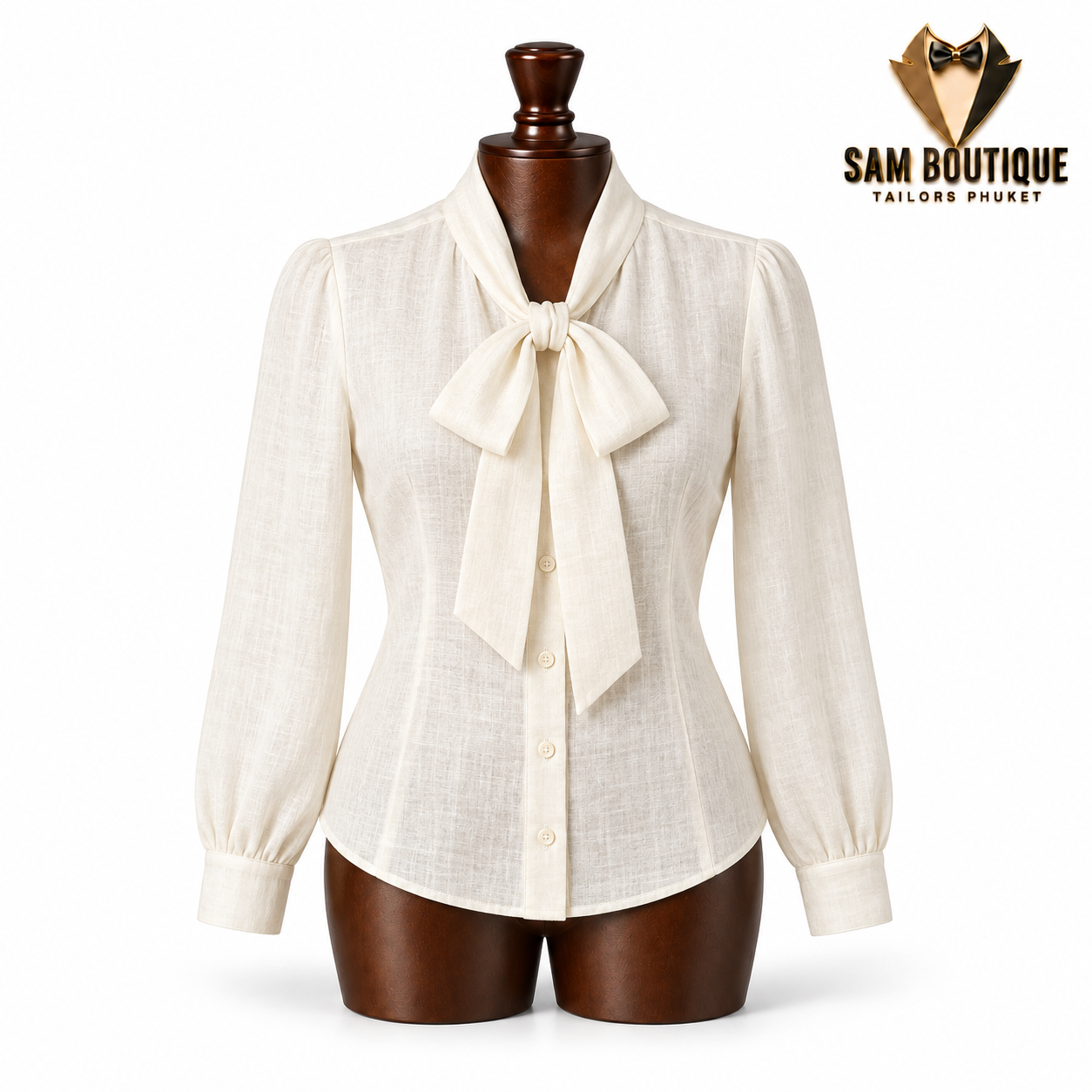 Ivory Bow-Neck Linen Blouse — made to measure by Sam Boutique Tailors Phuket