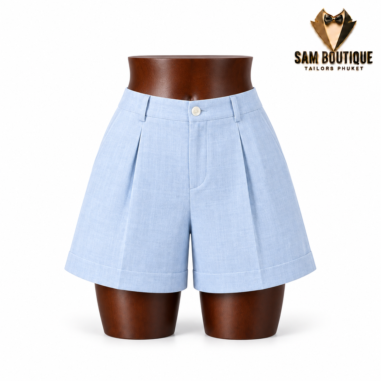 Powder Blue Pleated Linen Shorts — made to measure by Sam Boutique Tailors Phuket