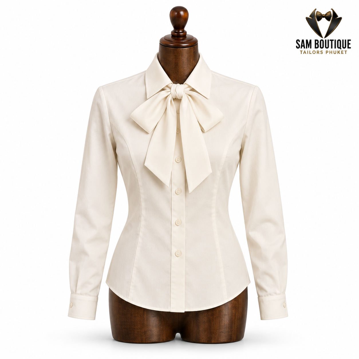 Ivory Bow-Neck Business Shirt — made to measure by Sam Boutique Tailors Phuket