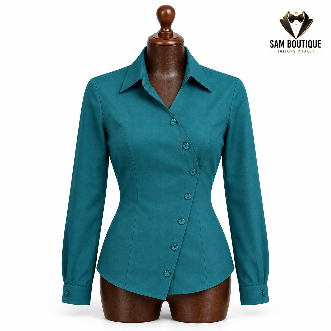 Teal Asymmetric Business Shirt — made to measure by Sam Boutique Tailors Phuket