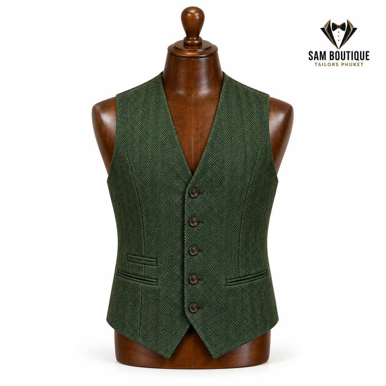 Forest Green Herringbone Tweed Waistcoat — made to measure by Sam Boutique Tailors Phuket