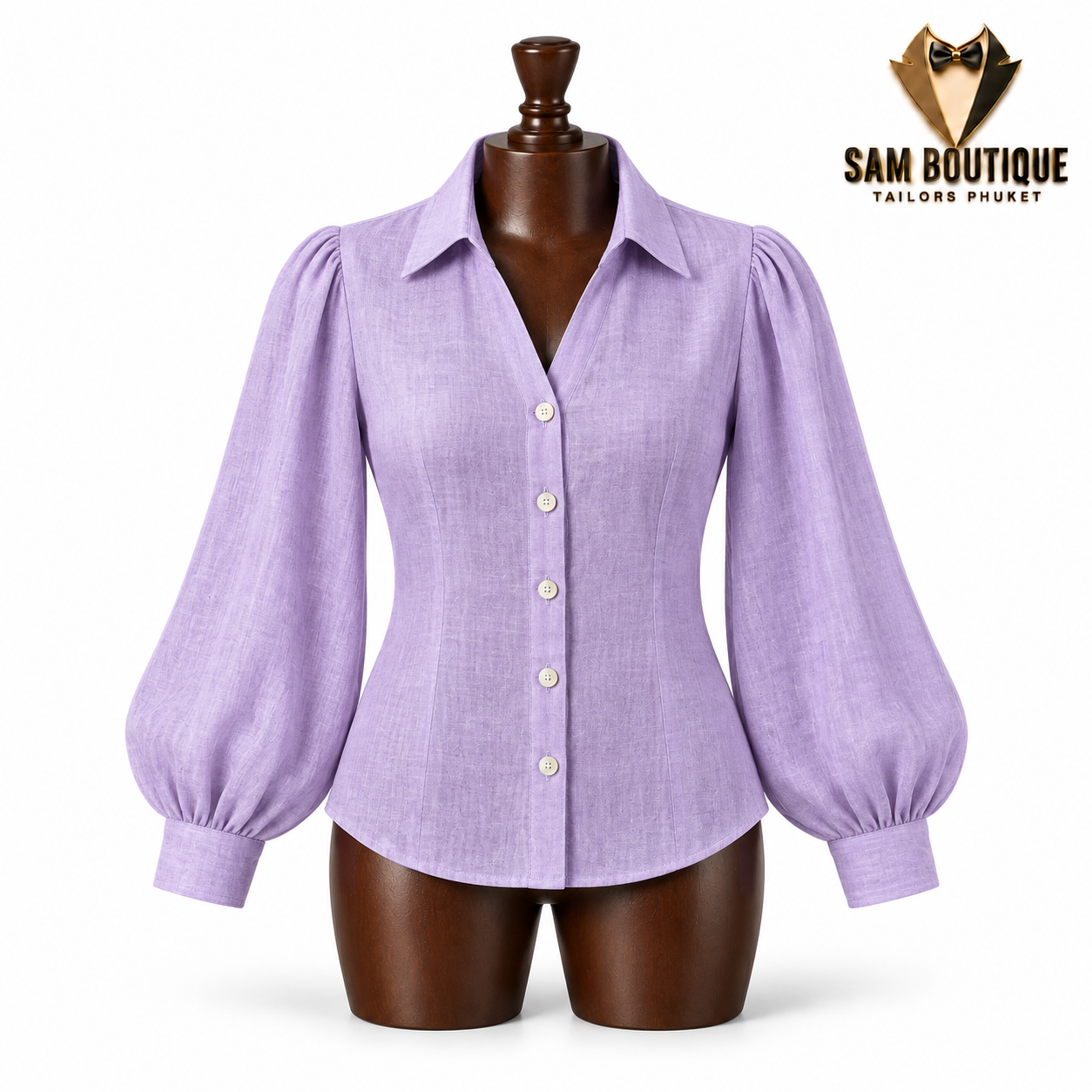 Lavender Balloon-Sleeve Linen Blouse — made to measure by Sam Boutique Tailors Phuket