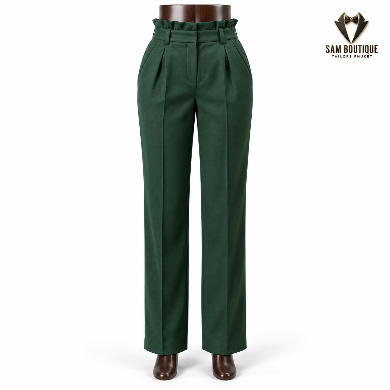 Forest Green Paperbag Trousers — made to measure by Sam Boutique Tailors Phuket