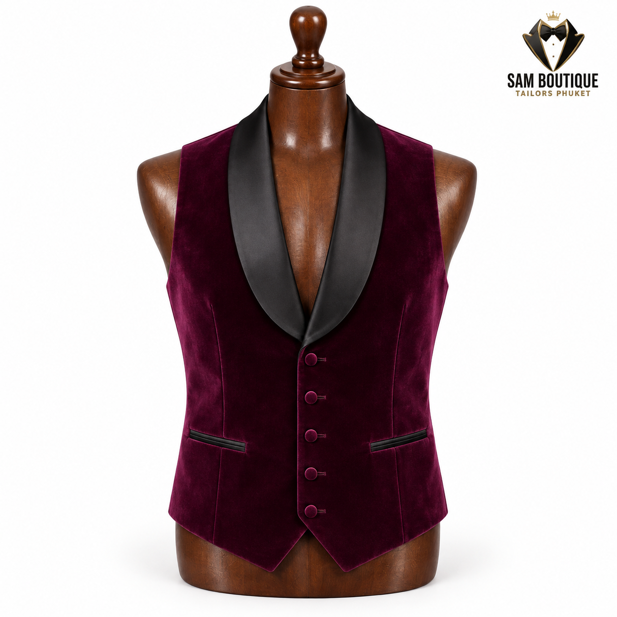 Burgundy Velvet Shawl Waistcoat — made to measure by Sam Boutique Tailors Phuket